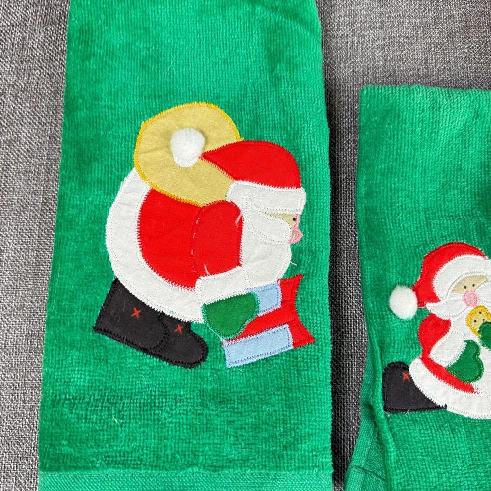 Cecil Saydah Christmas Towel Set 3pc Green Santa Applique Ramie Cotton Excellent